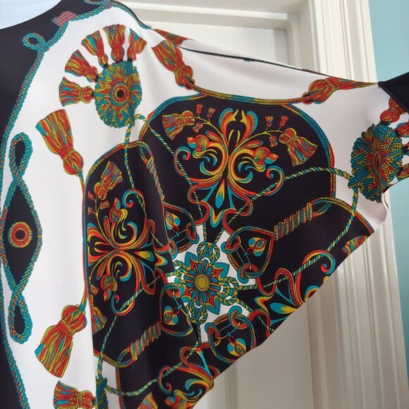 Eva Varro Colorful Ornate Chain Tassel Print Maximalist Dolman Cruise Wear Top M - Picture 8 of 14